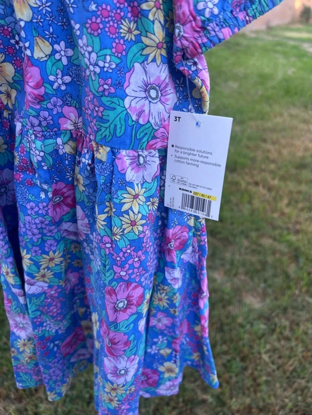 Kohl's Blue Floral Puff-Sleeve Dress with Pink & Yellow Blooms